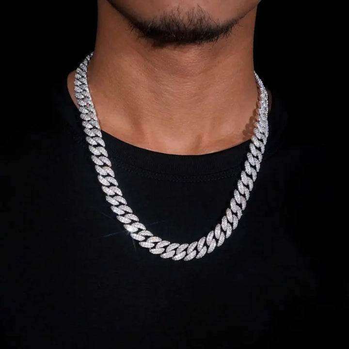 10mm Round Moissanite Cuban Link Chain Glacial in 14K White Gold On Neck View 