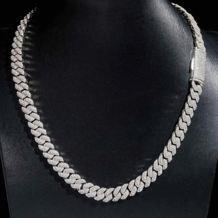 10mm Round Moissanite Cuban Link Frost Chain in 14K White Gold On Neck View 