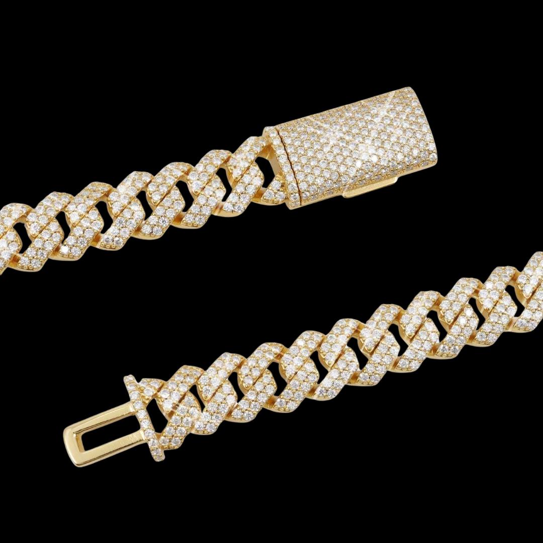 10MM VVS Moissanite Pave Cuban Necklace in 14K Gold