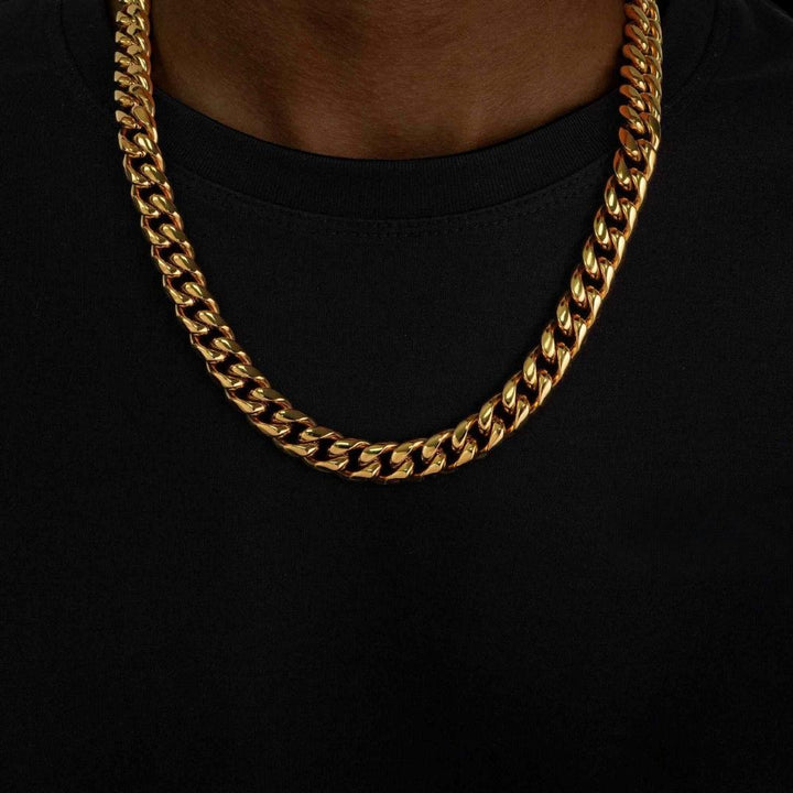 12MM Cuban Link Chain in 14K Yellow Gold Neck View 
