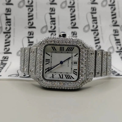 Cartier Santos White Roman Dial Fully Iced Out Moissanite Watch