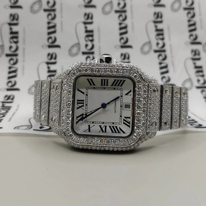 Cartier Santos White Roman Dial Fully Iced Out Moissanite Watch Cartier