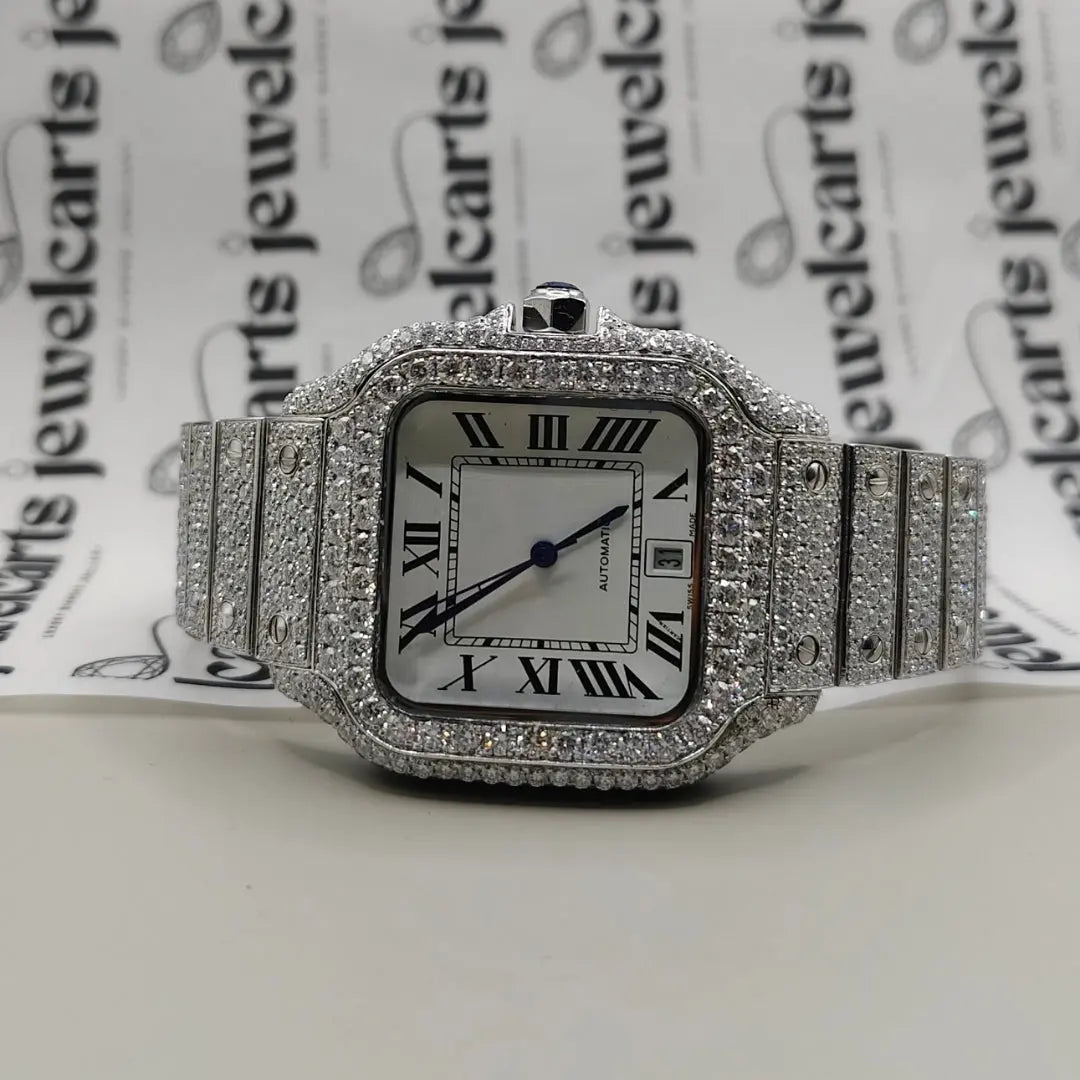 Cartier Santos White Roman Dial Fully Iced Out Moissanite Watch Cartier