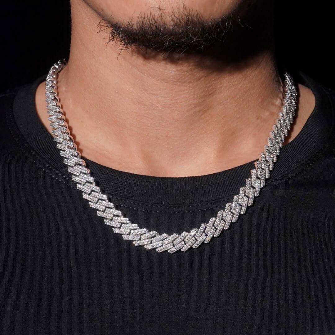 12mm Round Moissanite Cuban Link Chain in 14K Gold Close Up Neck View 