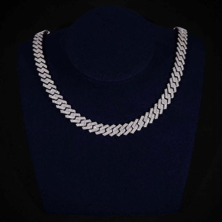 12mm Round Moissanite Cuban Link Chain in 14K Gold On Neck View 