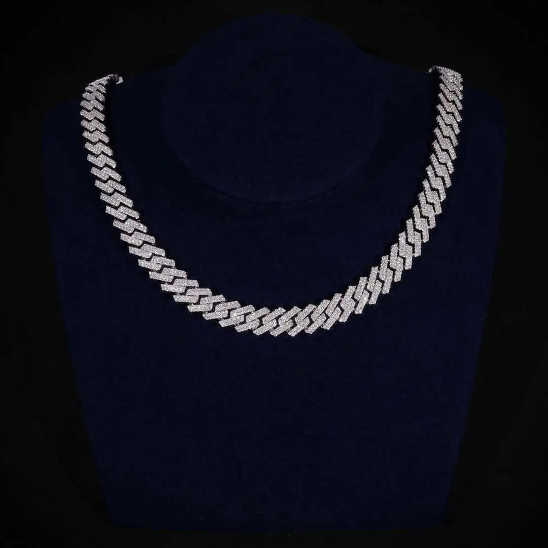 12mm Round Moissanite Cuban Link Chain in 14K Gold On Neck View 