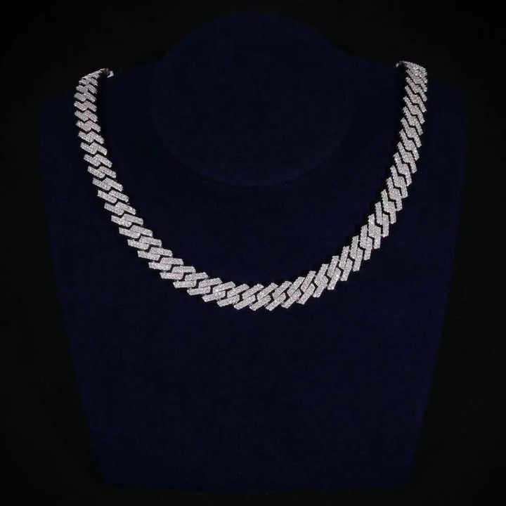 12mm Round Moissanite Cuban Link Chain in 14K Gold On Neck View 