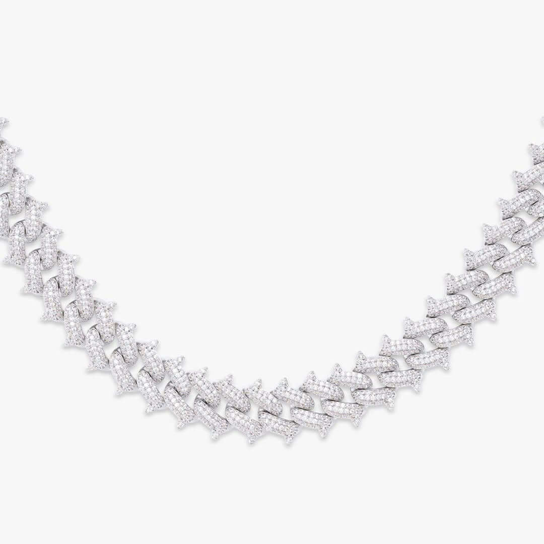 12mm Round Moissanite Cuban Link Chain in 14K White Gold Close Up Front View
