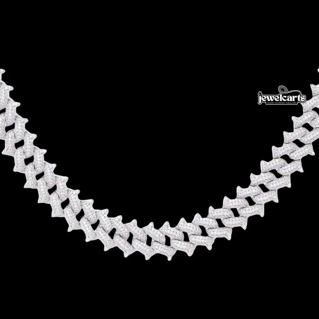 12mm Round Moissanite Cuban Link Chain in 14K White Gold Front View