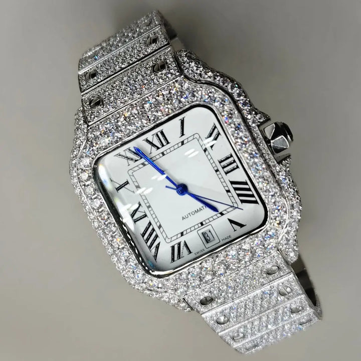 Cartier Santos White Roman Dial Fully Iced Out Moissanite Watch Cartier