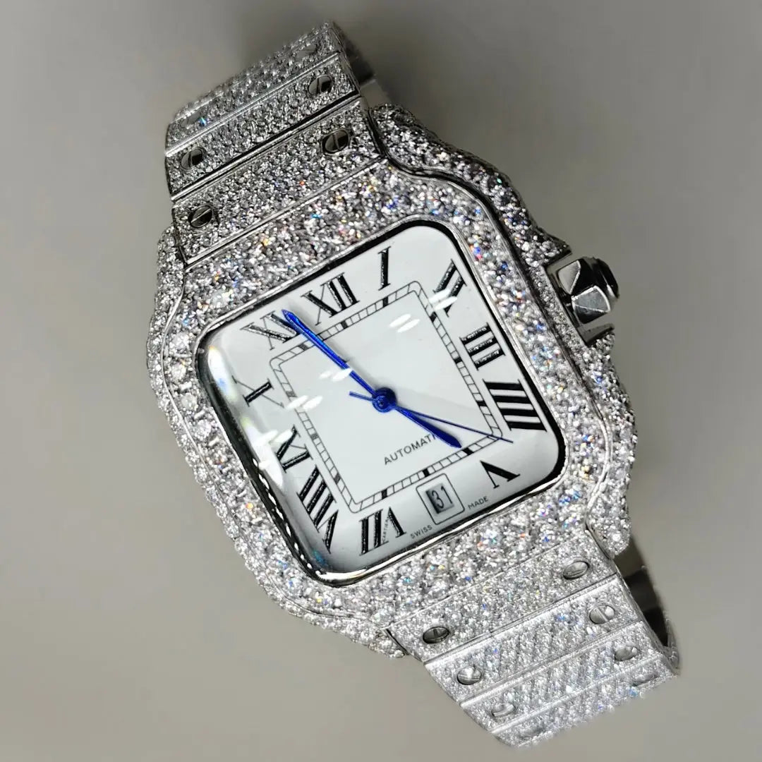 Cartier Santos White Roman Dial Fully Iced Out Moissanite Watch Cartier