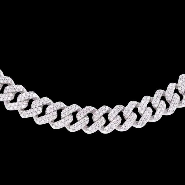 13mm Moissanite Cuban Link Chain in 14K White Gold Close Up View