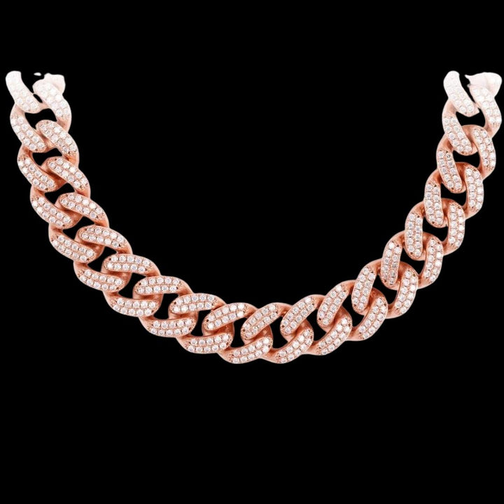14K Gold 14MM 2-Row Round Moissanite Cuban Link Chain Close Up View