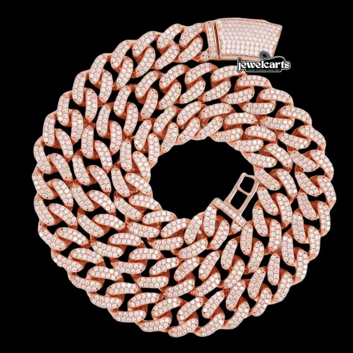 14K Gold 14MM 2-Row Round Moissanite Cuban Link Chain Front View