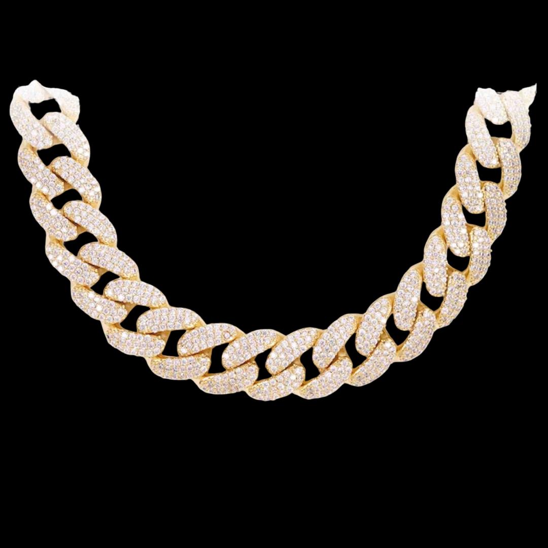 14K Gold 18MM Round Moissanite Cuban Link Chain Close Up View