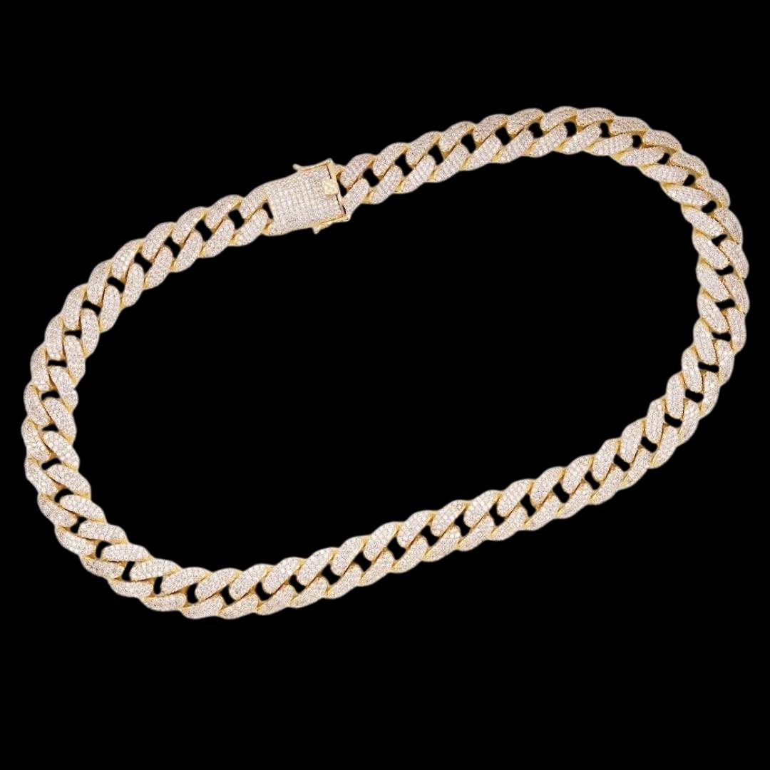 14K Gold 18MM Round Moissanite Cuban Link Chain Full Close Up View