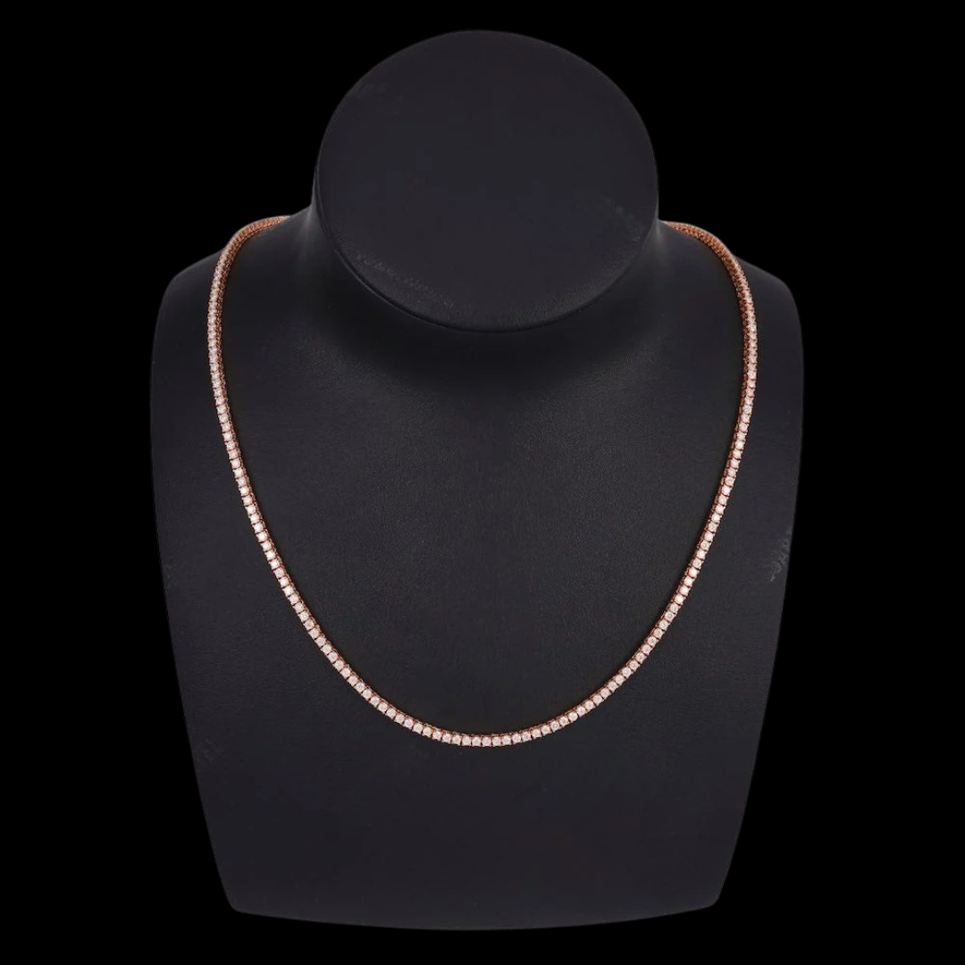 14K Rose Gold Round Moissanite Tennis Chain Necklace Display View