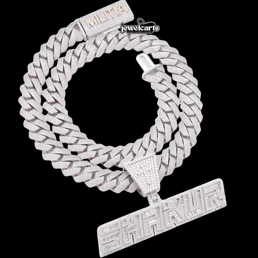 14K White Gold 20MM 4-Row Cuban Link Chain with SHAKUR Moissanite Pendant Front View