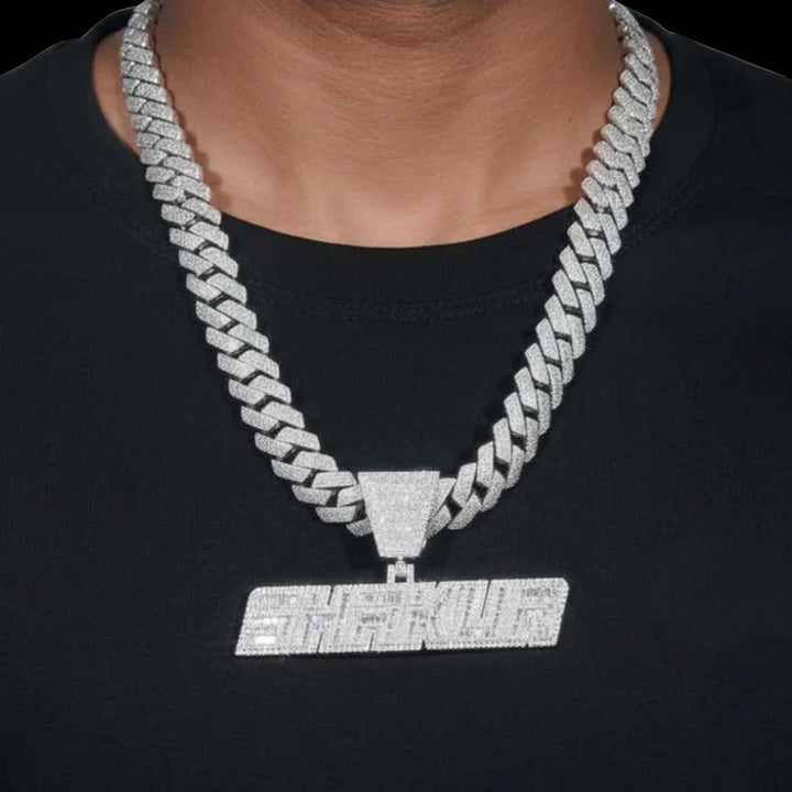 14K White Gold 20MM 4-Row Cuban Link Chain with SHAKUR Moissanite Pendant Neck View 