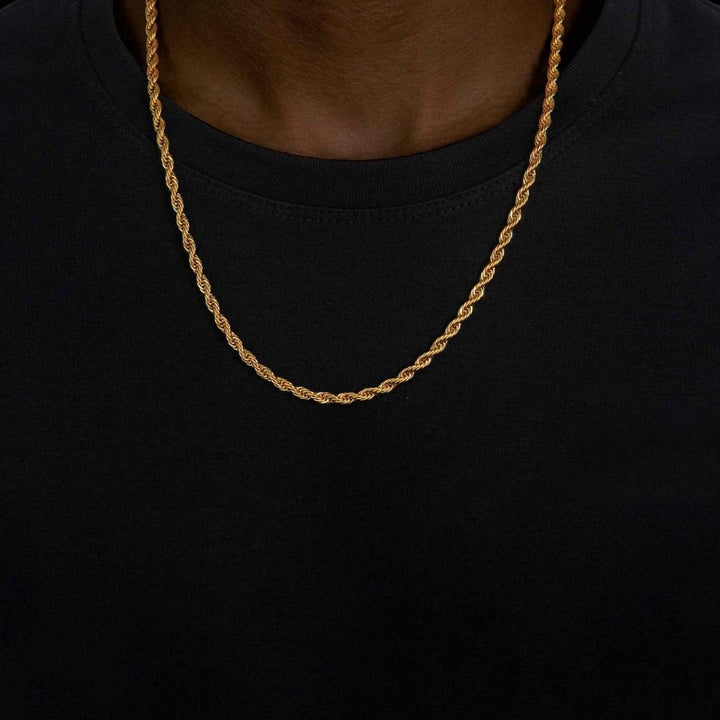 14K Yellow Gold 4MM Rope Link Necklace Neck View 