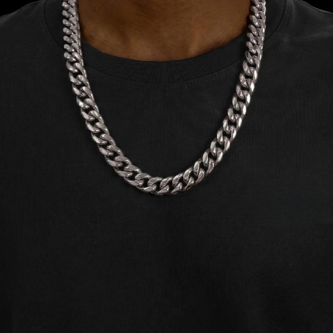 14MM 925 Sterling Silver Wide Cuban Link Chain Neck View 