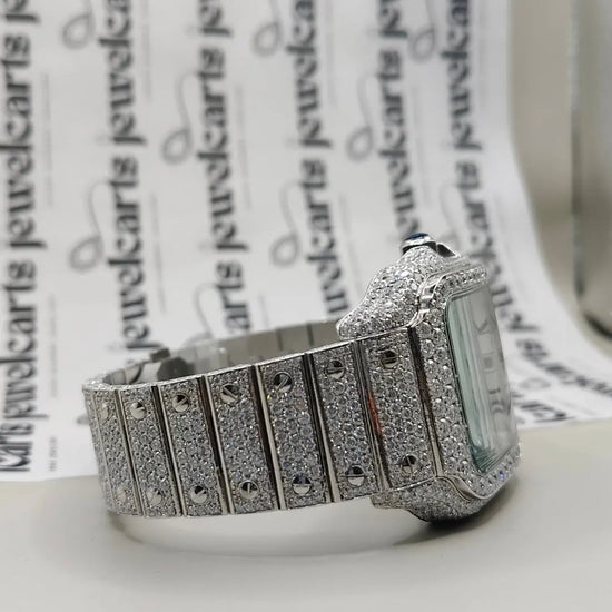Cartier Santos White Roman Dial Fully Iced Out Moissanite Watch Cartier