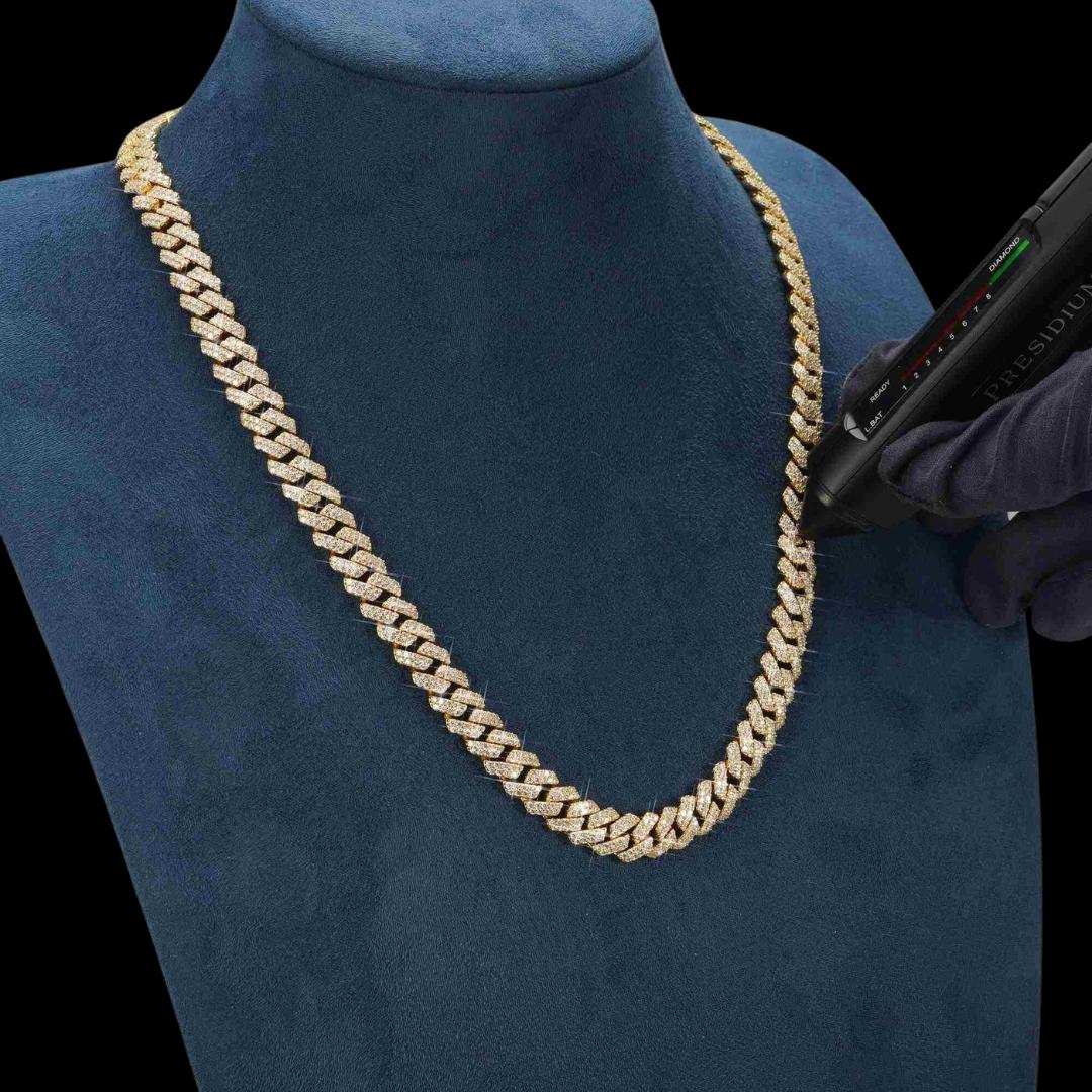 10MM VVS Moissanite Pave Cuban Necklace in 14K Gold