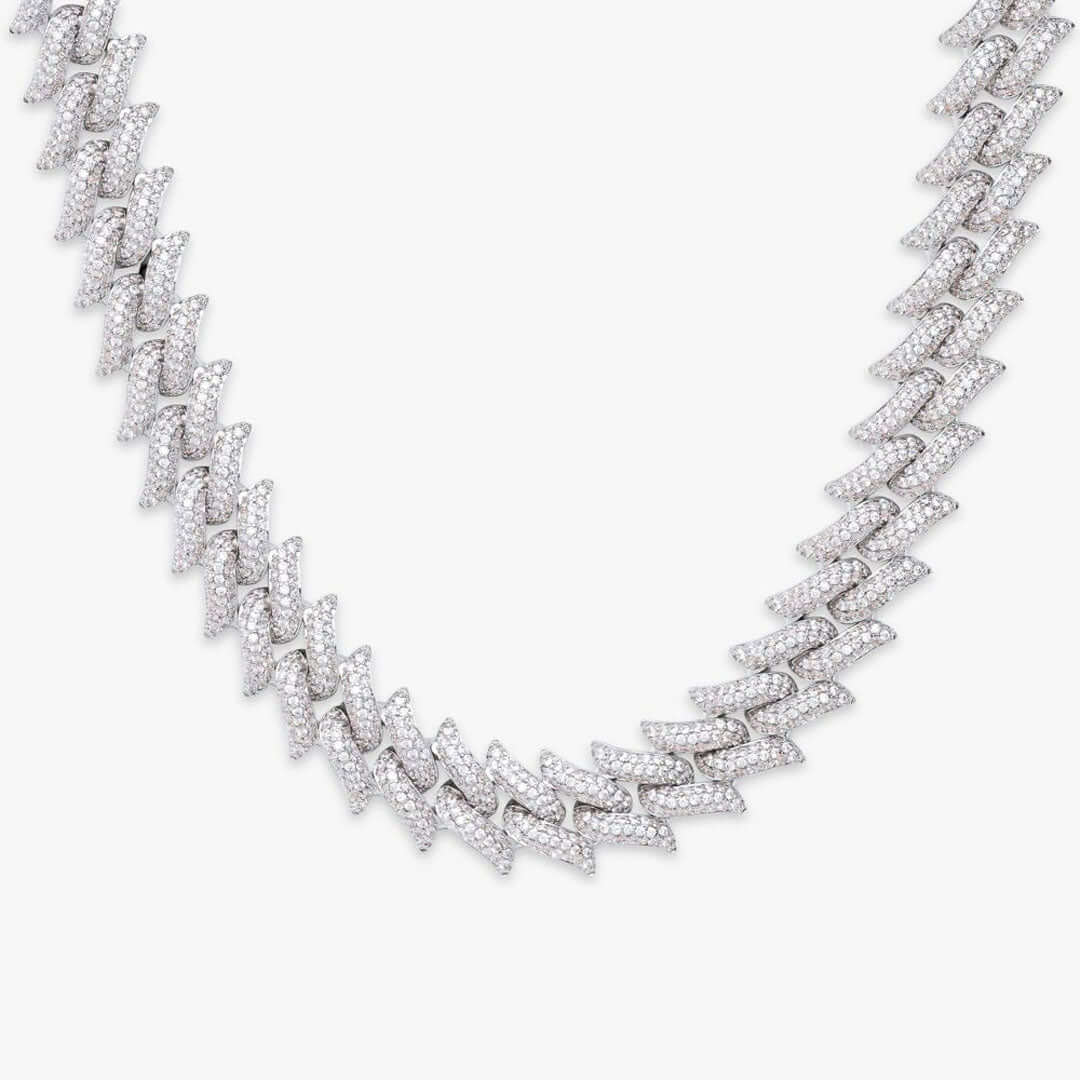 14mm Round Moissanite Cuban Link Chain in 14K White Gold 14mm Round Moissanite Cuban Link Chain in 14K Close Up Front View