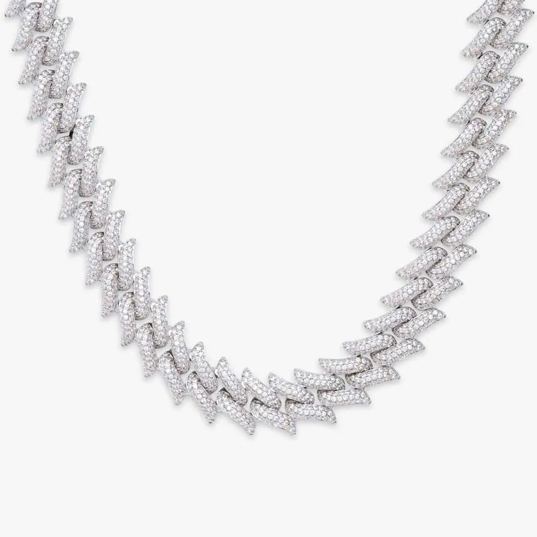 14mm Round Moissanite Cuban Link Chain in 14K White Gold 14mm Round Moissanite Cuban Link Chain in 14K Close Up Front View