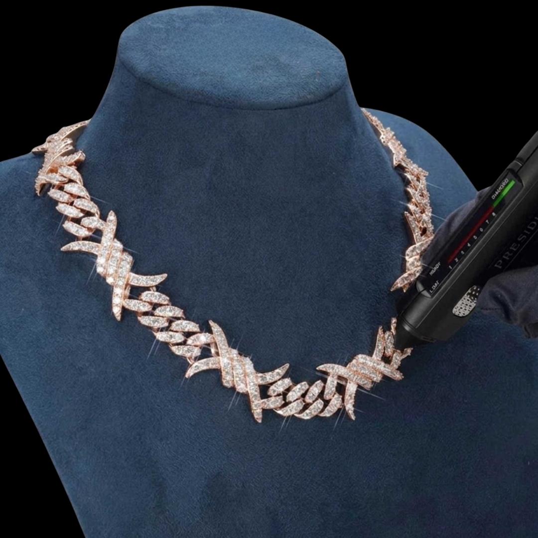 15MM CUSTOM CLASP Moissanite Spiked Link Cuban Chain 14K Rose Gold Diamond Test View