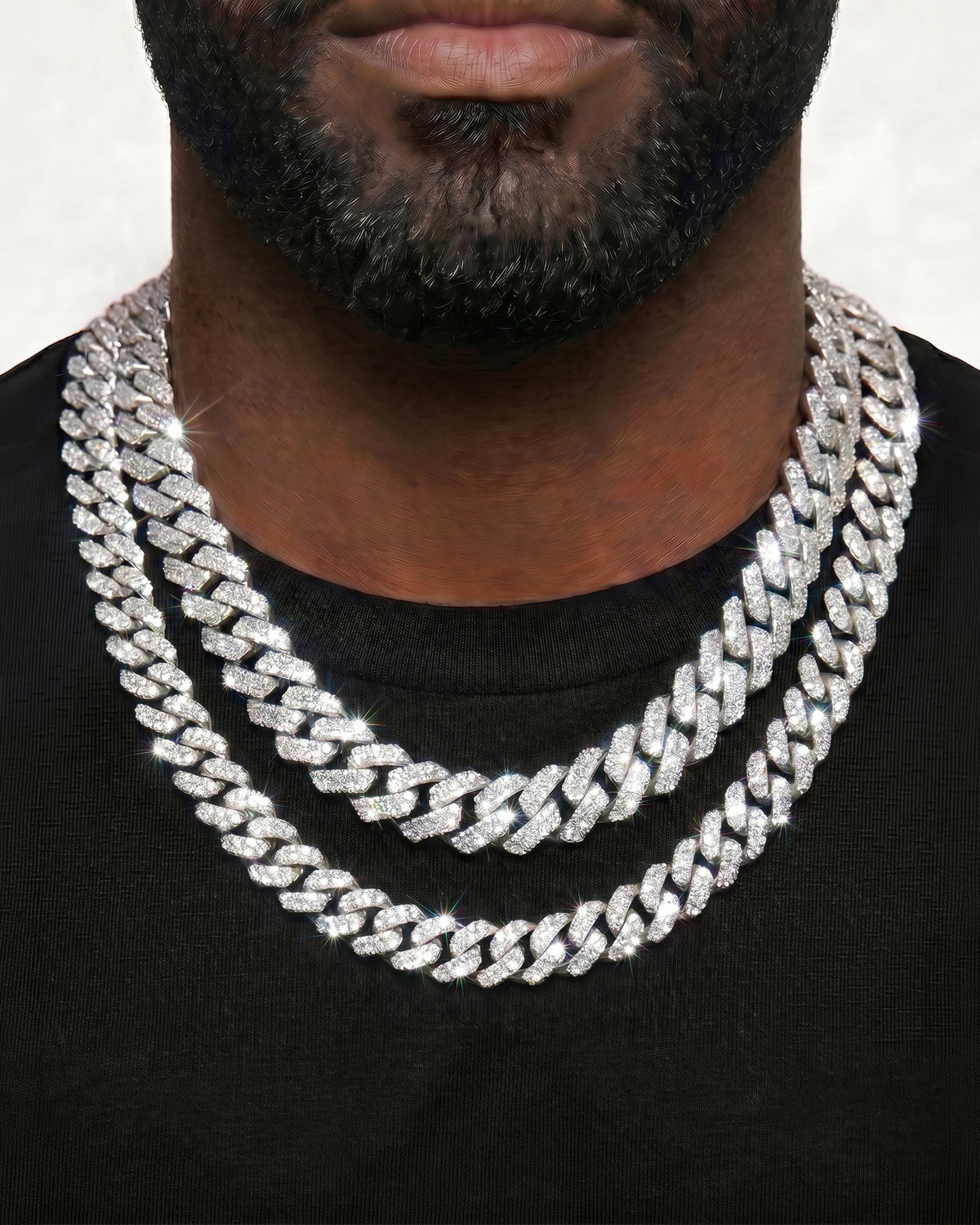 925 Sterling Silver VVS Moissanite Tennis and Cuban Chain Stack