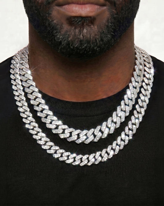 925 Sterling Silver VVS Moissanite Tennis and Cuban Chain Stack
