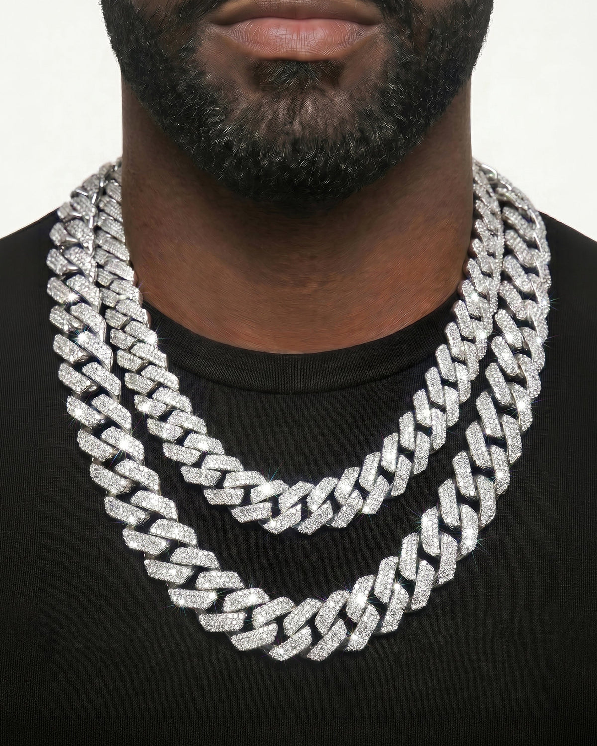 925 Sterling Silver VVS Moissanite Tennis and Cuban Chain Stack