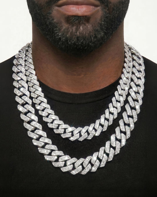 925 Sterling Silver VVS Moissanite Tennis and Cuban Chain Stack
