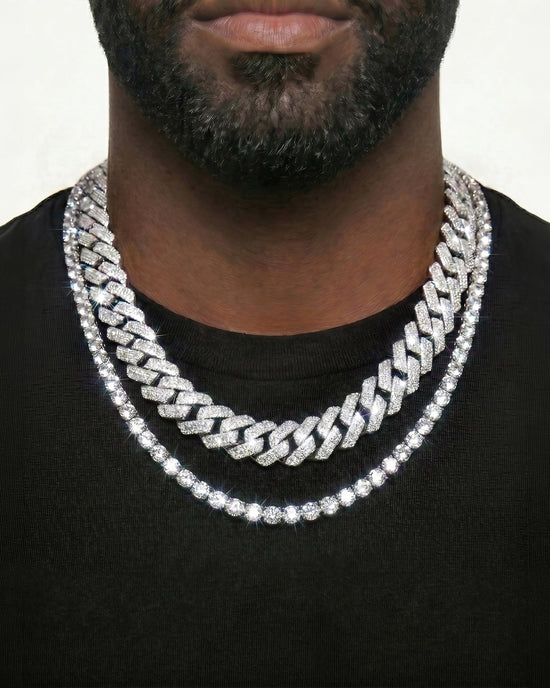 925 Sterling Silver VVS Moissanite Tennis and Cuban Chain Stack