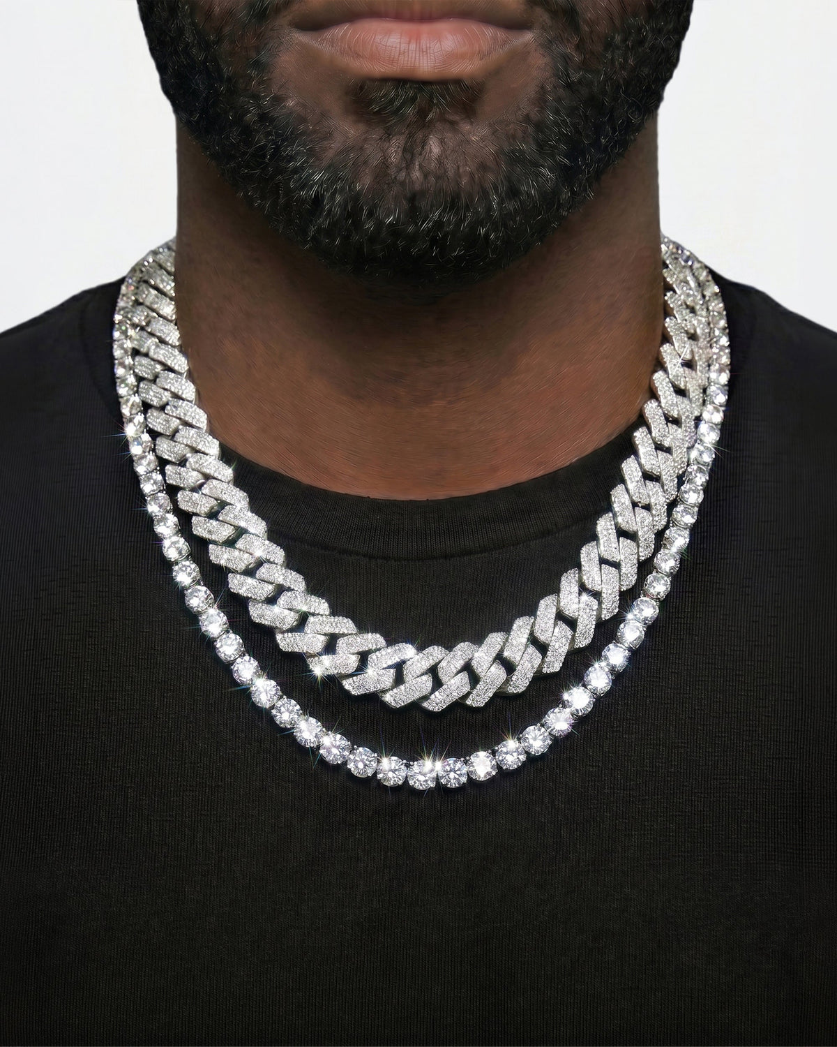 925 Sterling Silver VVS Moissanite Tennis and Cuban Chain Stack