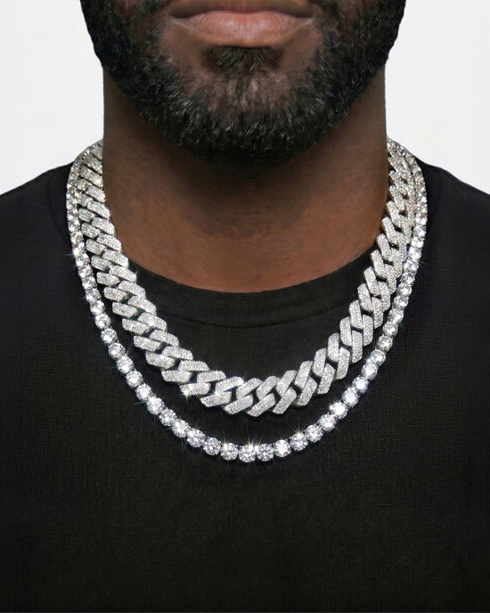 925 Sterling Silver VVS Moissanite Tennis and Cuban Chain Stack