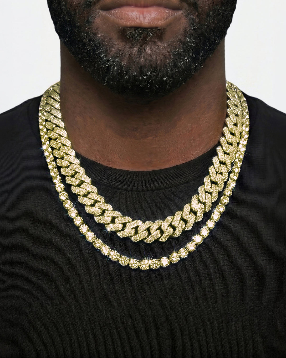 14K Yellow Gold VVS Moissanite Cuban Necklace Stack