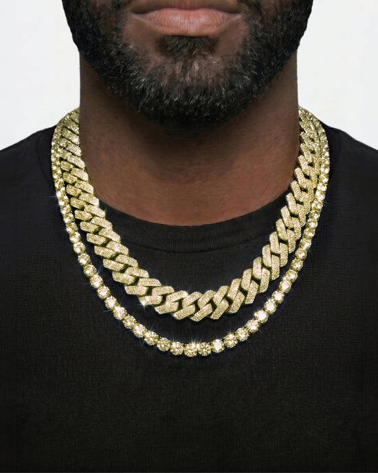 14K Yellow Gold VVS Moissanite Cuban Necklace Stack