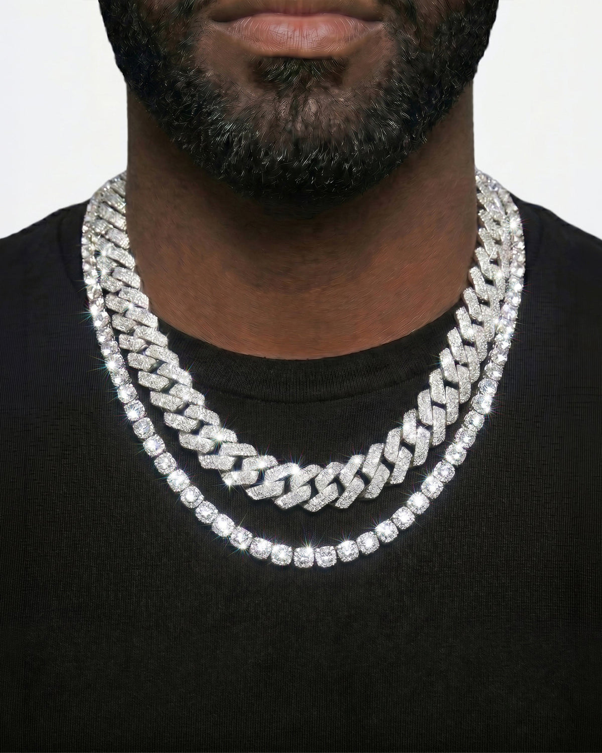 925 Sterling Silver VVS Moissanite Tennis and Cuban Chain Stack