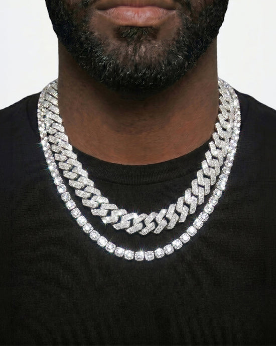 925 Sterling Silver VVS Moissanite Tennis and Cuban Chain Stack