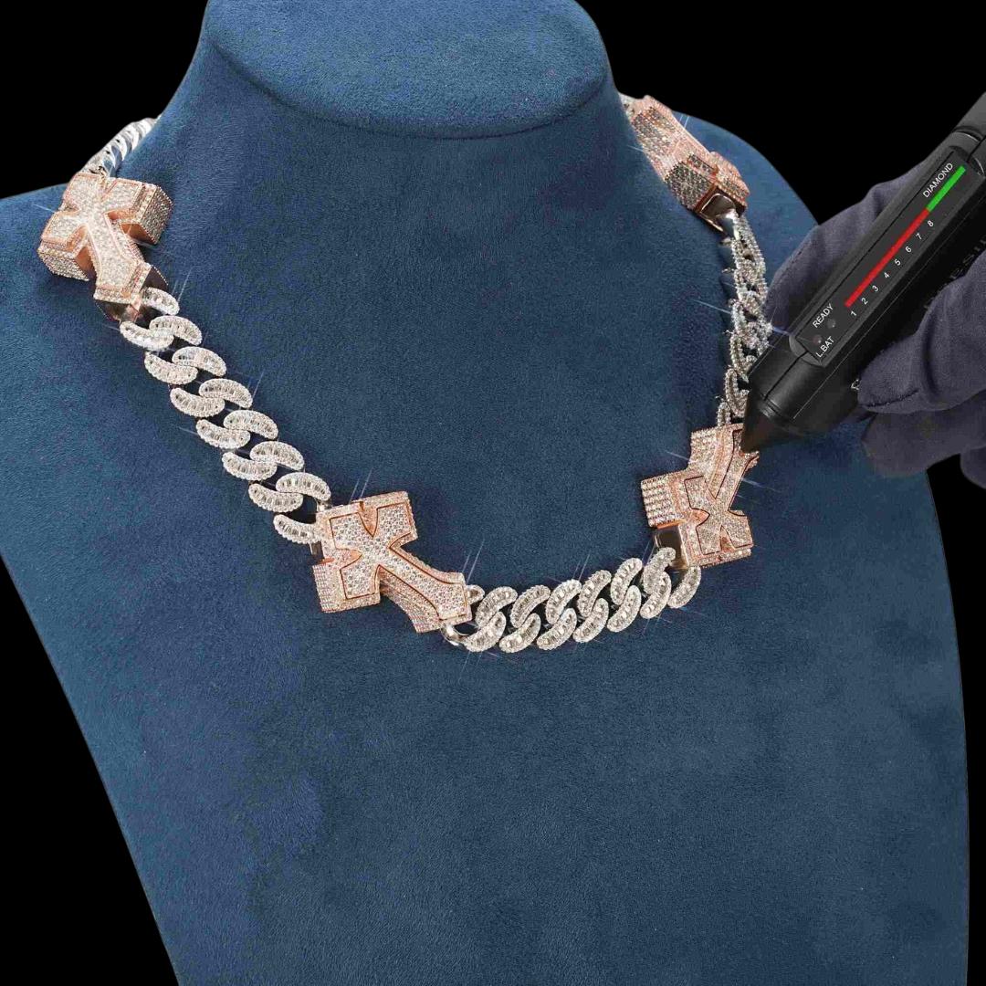 15MM Moissanite Cross Cuban Chain 14K White Gold Diamond Test View