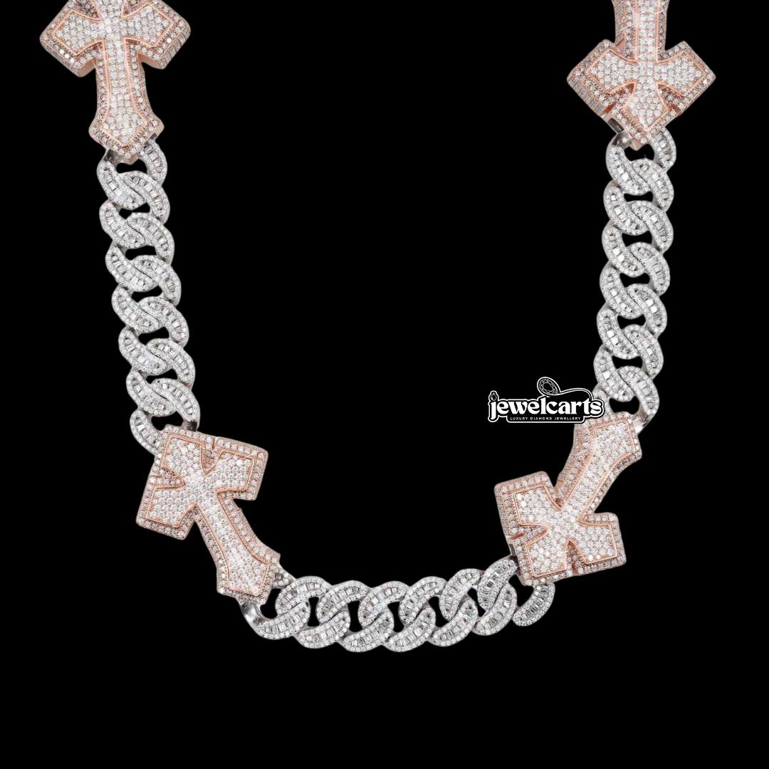 15MM Moissanite Cross Cuban Chain 14K White Gold Front View