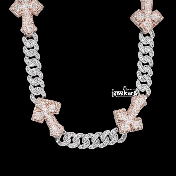 15MM Moissanite Cross Cuban Chain 14K White Gold Front View