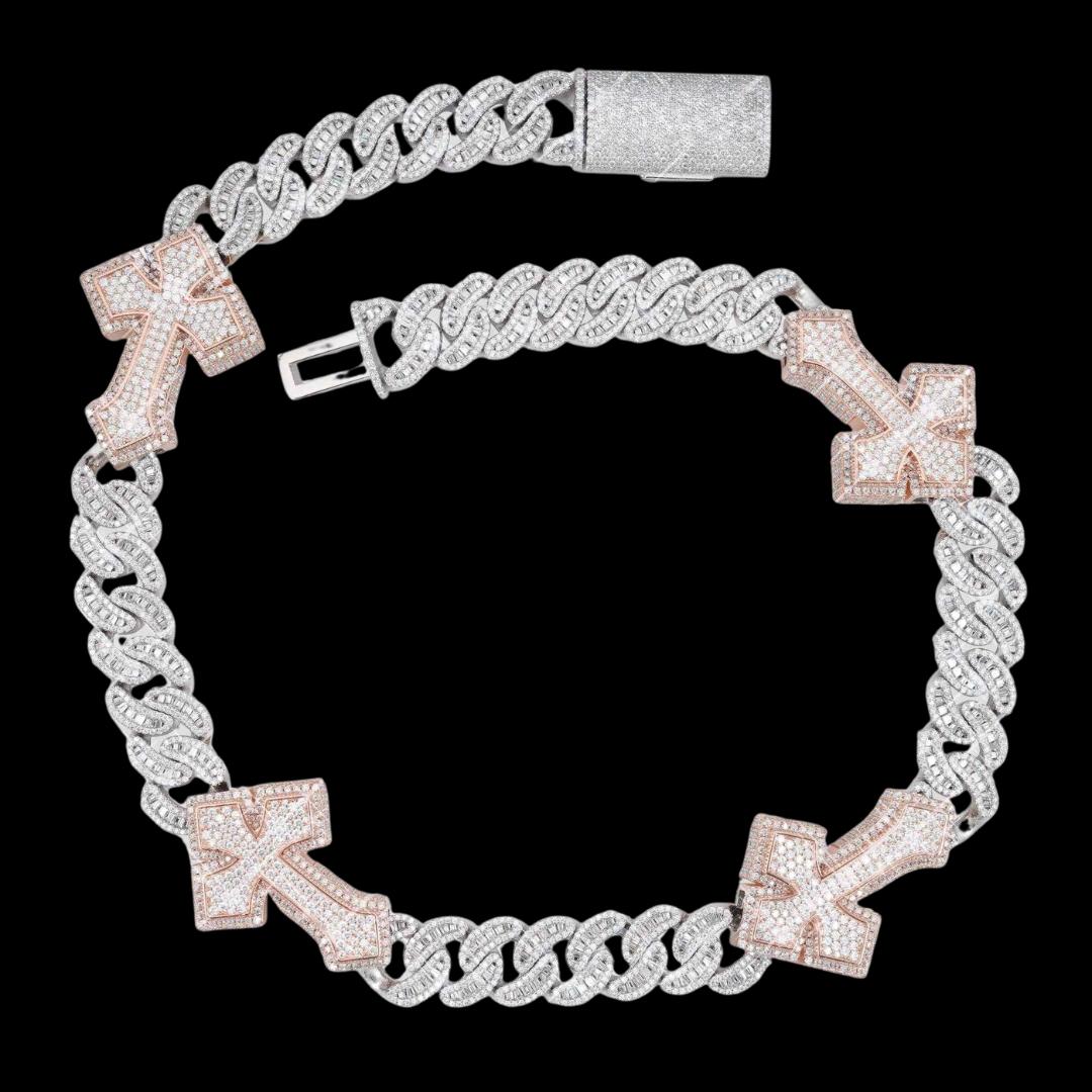 15MM Moissanite Cross Cuban Chain 14K White Gold Full Close Up View