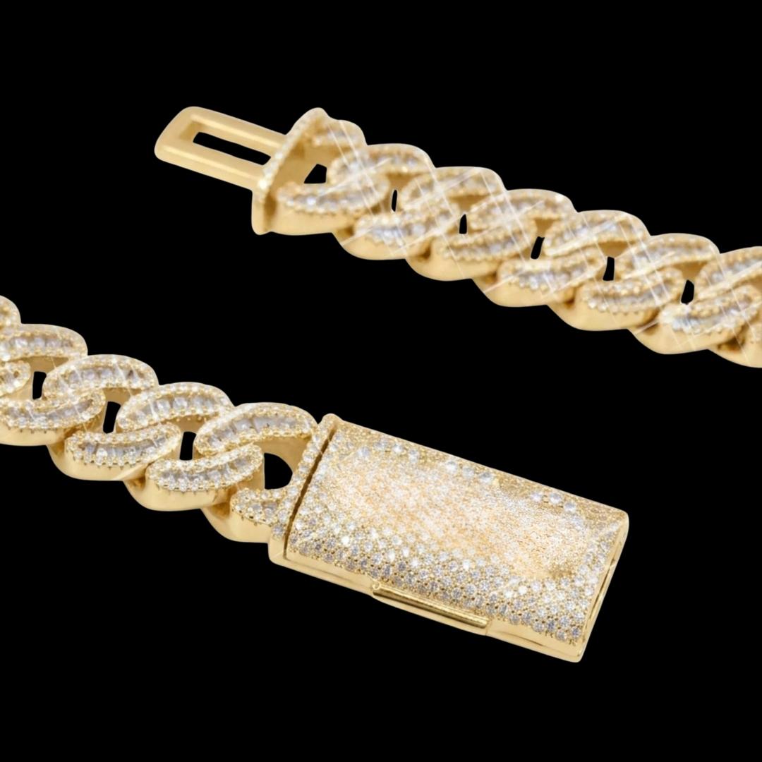 15MM Moissanite Cross Cuban Chain 14K Yellow Gold Diamond Clasp View