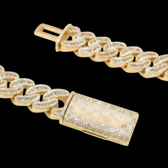 15MM Moissanite Cross Cuban Chain 14K Yellow Gold Diamond Clasp View