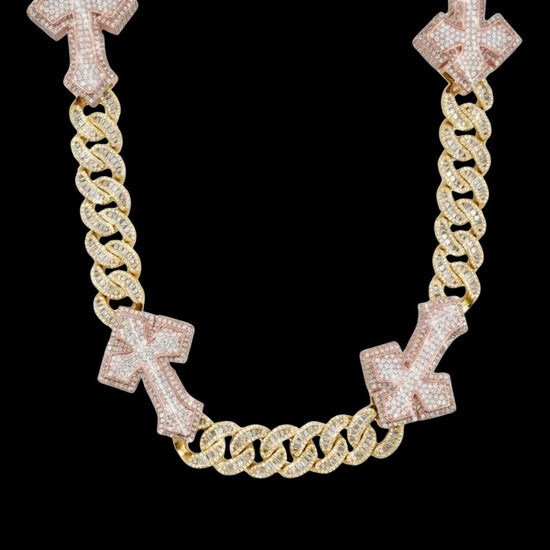 15MM Moissanite Cross Cuban Chain 14K Yellow Gold Diamond Front View
