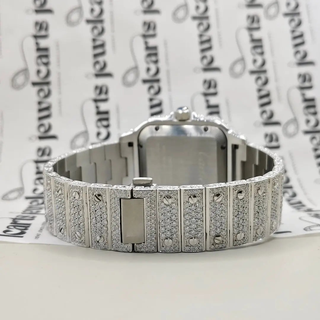 Cartier Santos White Roman Dial Fully Iced Out Moissanite Watch Cartier