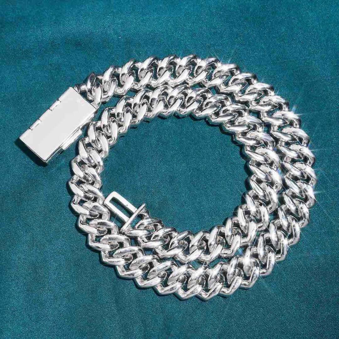15mm Round Moissanite Cuban Link Chain in 14K White Gold Back Side View